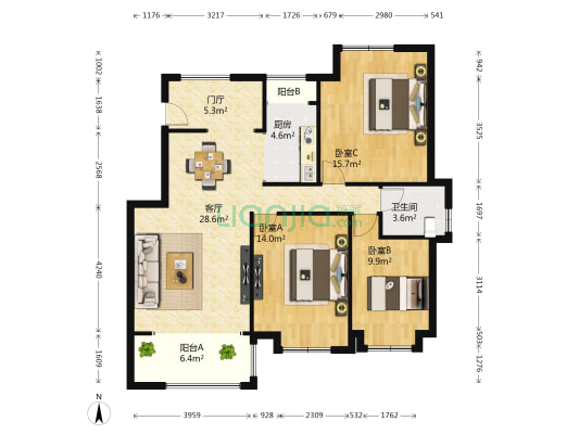 炜岸城一期 3室2厅 101.32平米