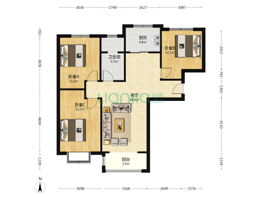 华融现代城 3室1厅 南-户型图