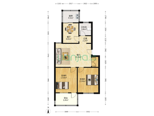 工行家属楼 2室2厅1卫 85平方