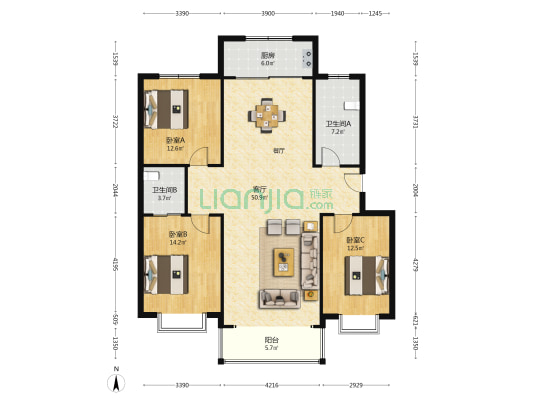 新龙家苑 3室1厅2卫 136平方