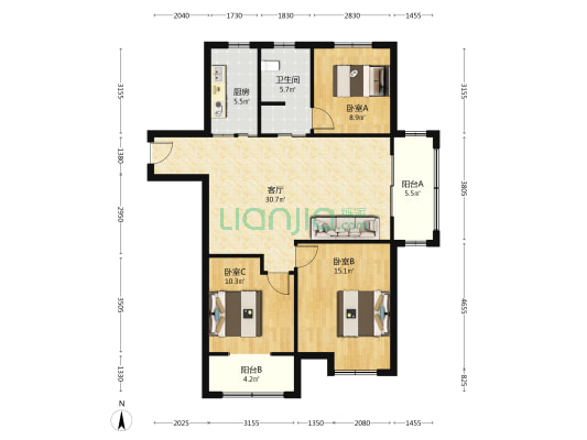 亿富银泰城 3室1厅1卫 122平方
