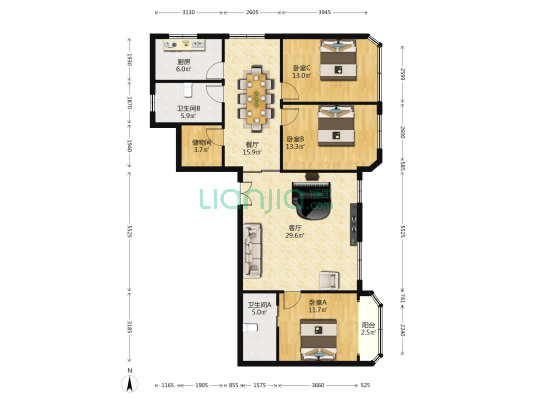 中华东波小区 3室2厅2卫 145平方