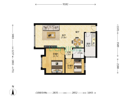 华盛豪园 2室1厅1卫 67平方