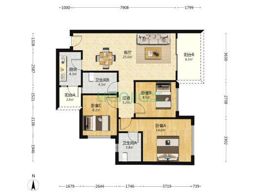 永兴翰林府 3室1厅2卫 95平方