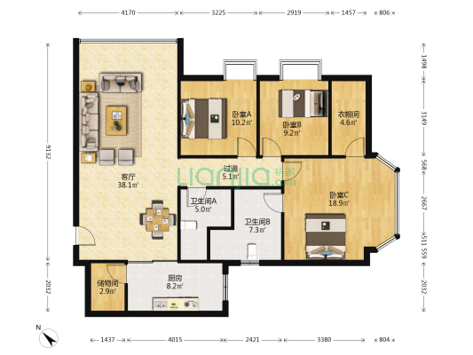 北大花园 3室1厅2卫 142平方
