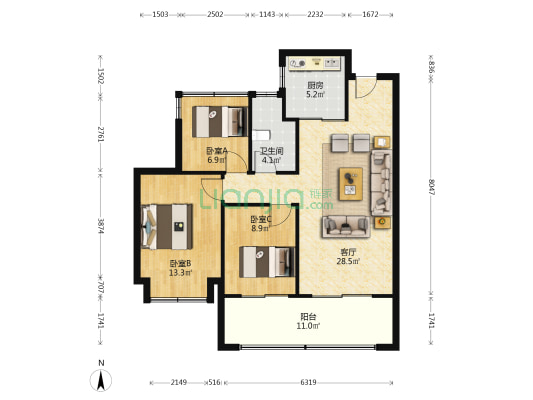 龙湖上城 3室1厅1卫 103平方