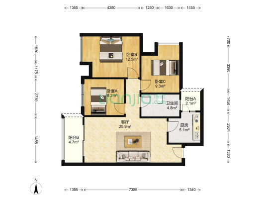 中奥城C区 3室1厅1卫 96平方