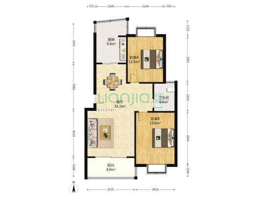 乾弘佳园 2室1厅1卫 88平方