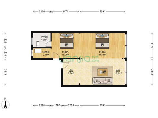 复兴北路 2室1厅1卫 81平方