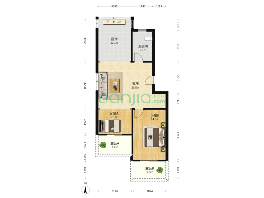 奥特新城 2室1厅1卫 78平方