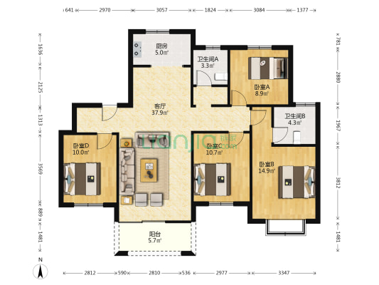 高田新筑 4室1厅2卫 128平方
