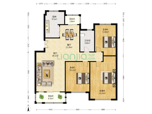 钱神花苑 3室2厅1卫 144平方