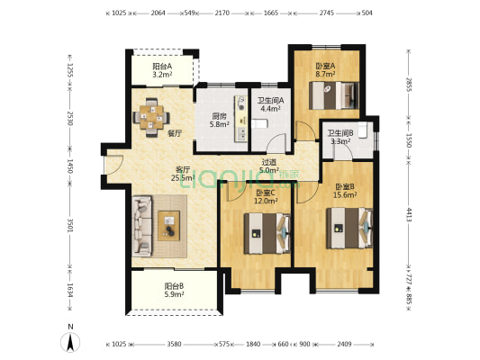 东原晴天见 3室1厅2卫 122平方