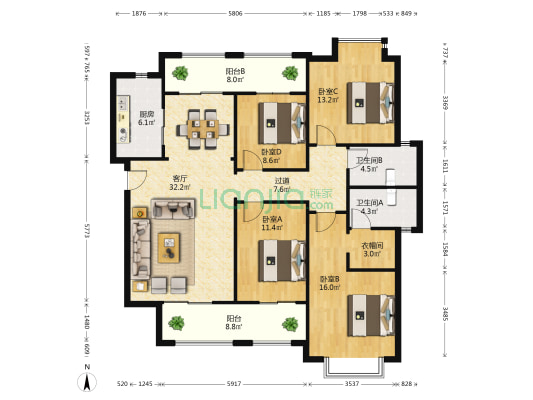 沙湖九号 4室1厅2卫 163平方