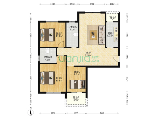 红光翠景苑 3室1厅2卫 118平方