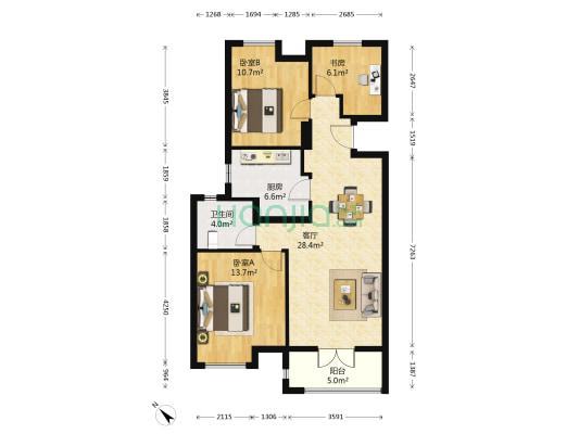 绿地中央广场B区 3室1厅1卫 107平方
