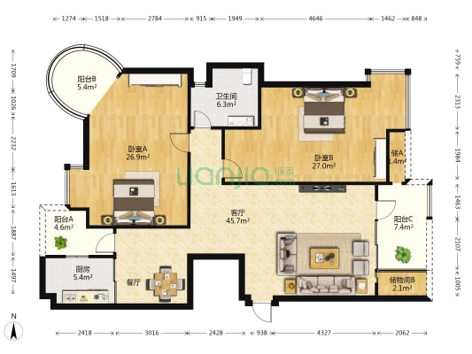 骋望•骊都(北区) 2室1厅1卫 163平方
