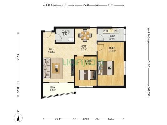 桃花园 2室2厅1卫 80平方