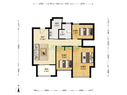 水木年华苑 3室1厅1卫 90平方