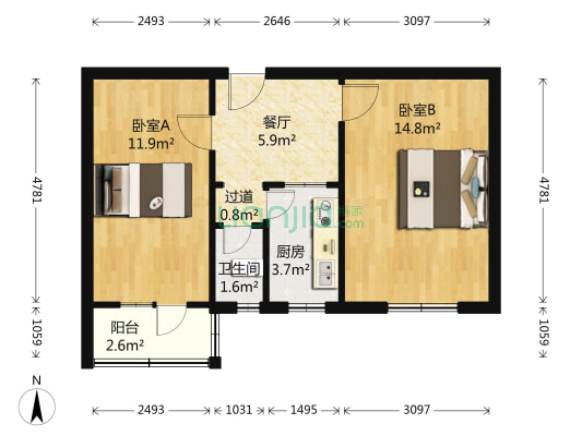 沿河楼 2室1厅1卫 50平方