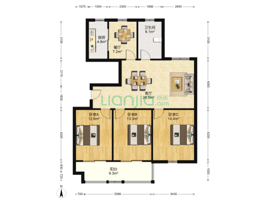 新城新苑 3室2厅1卫 124平方