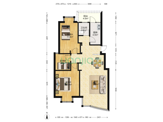 武夷绿洲三期 3室1厅1卫 96平方