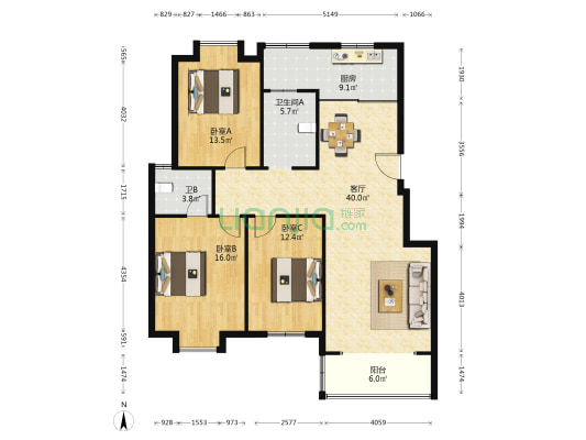 万福城 3室1厅2卫 124平方
