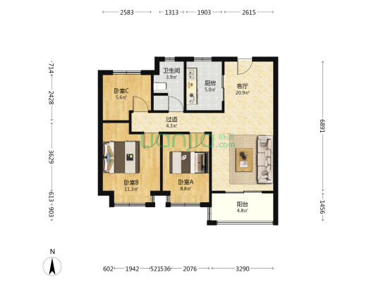 玖峰兰庭 3室1厅1卫 89平方