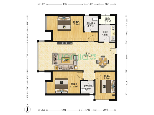 龙湖物业滨湖城 3室1厅2卫 105平方