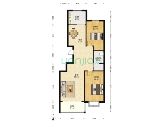 兰亭·怡景水畔 2室2厅1卫 113平方