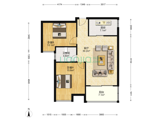 公园道1号 2室1厅1卫 84平方