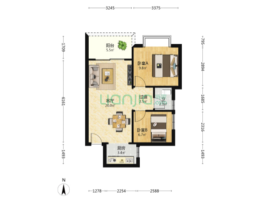 钻石假日酒店公寓 2室1厅1卫 69平方