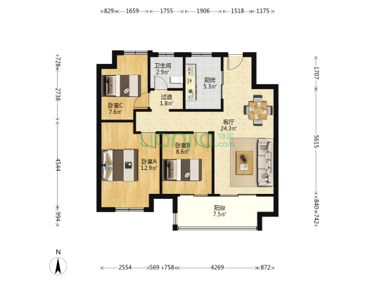 龙池映园 3室1厅1卫 98平方