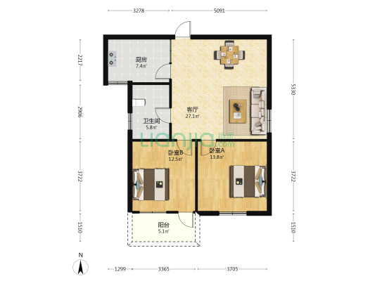 源福花园 2室1厅1卫 91平方
