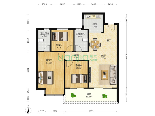 东湖天墅 3室1厅2卫 119平方