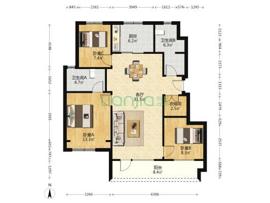 金地城E9 3室1厅2卫 107平方