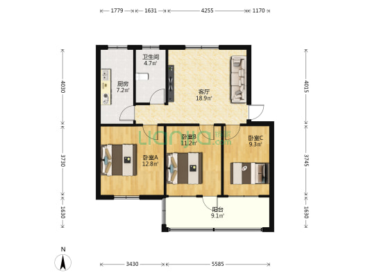 蓝天集团家属院 3室1厅1卫 90平方