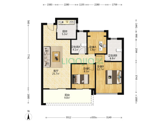 滨江嘉品 3室1厅2卫 98平方