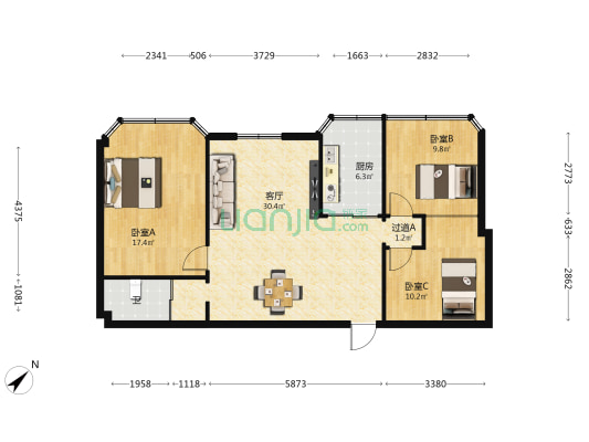 外贸大厦 3室1厅1卫 107平方