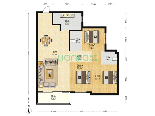 西班牙风情街 3室1厅2卫 130平方