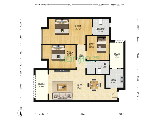 阳晨丽都 3室1厅2卫 116平方