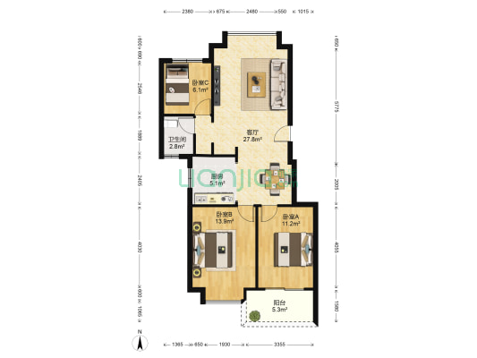 凤岭在水一方 3室1厅1卫 90平方