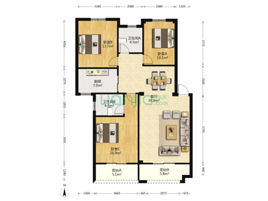 莲花湖小区 3室1厅2卫 124平方