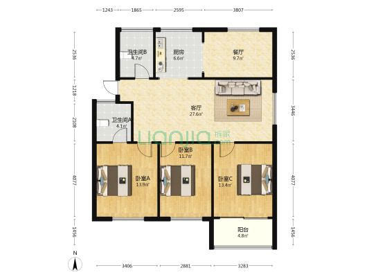 外贸中心宿舍 3室2厅2卫 121平方
