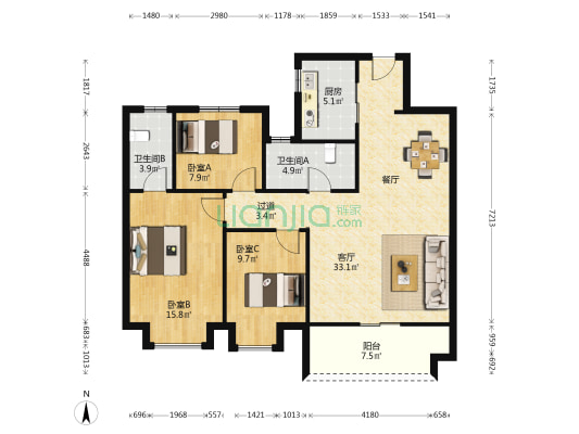 莫奈公馆 3室1厅2卫 119平方