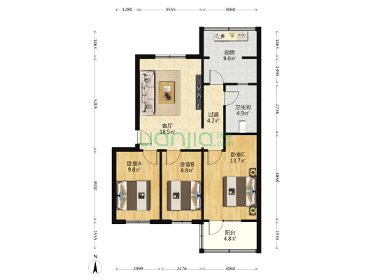 陕西省民政厅家属院 3室1厅1卫 90平方