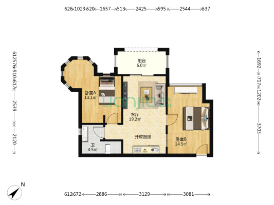 山屿湖 2室1厅1卫 61平方