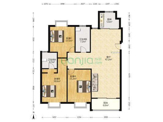 鸿禧花园 3室1厅2卫 143平方