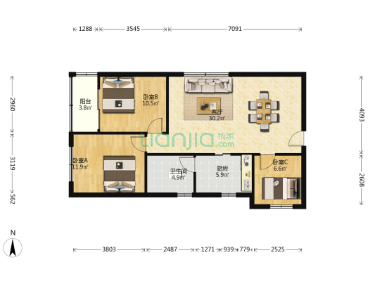 新园东区 3室1厅1卫 80平方
