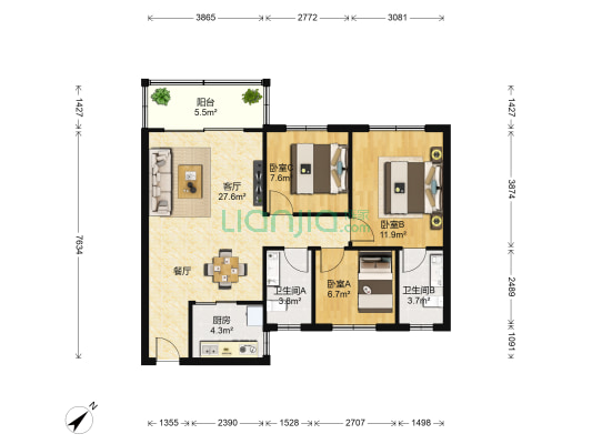宝康花园 3室1厅2卫 86平方